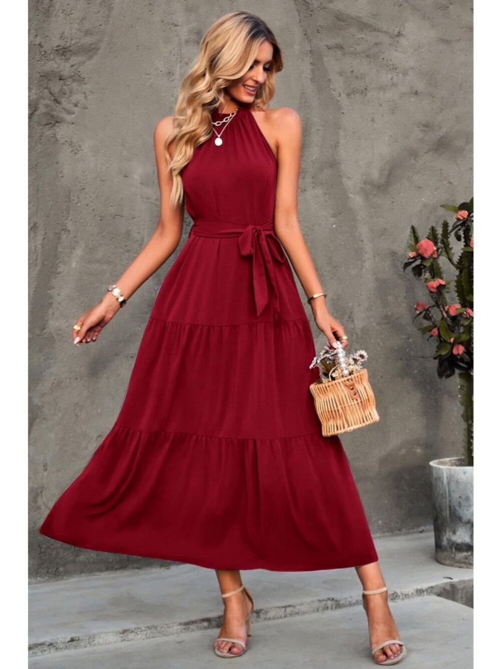 Women's Solid Wine Red Sleeveless Halter Neck High Waist Backless Maxi Dress - Picture 3 of 6